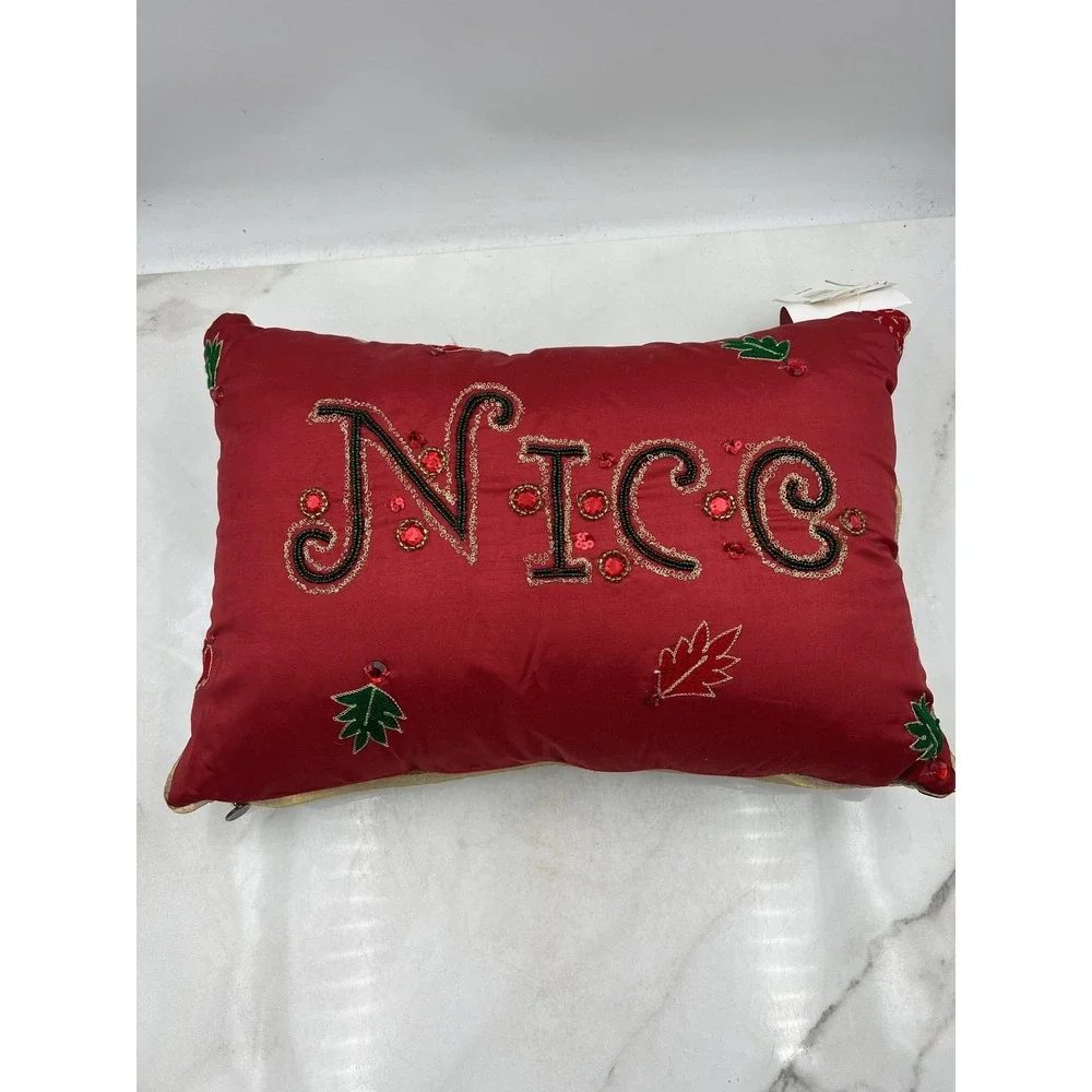 Pier 1 Imports Naughty Nice Reversible Christmas Throw Pillow Beaded 12x18